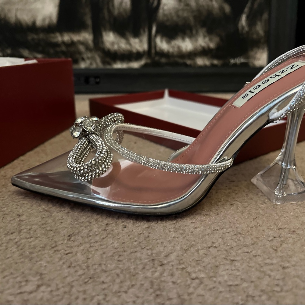 Silver Glamorous Heels with Rhinestone  Bow Embellishments